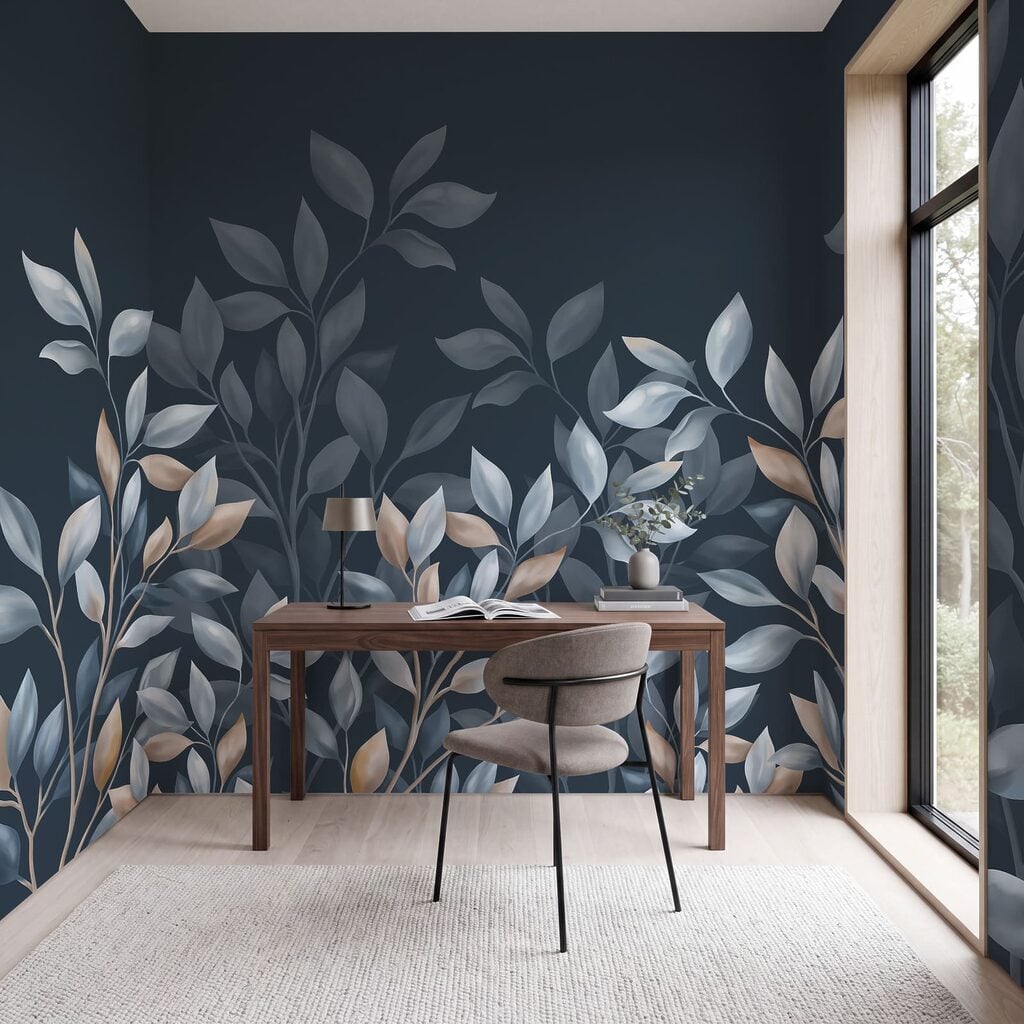 Folhas azuis e brancas sobre um fundo azul