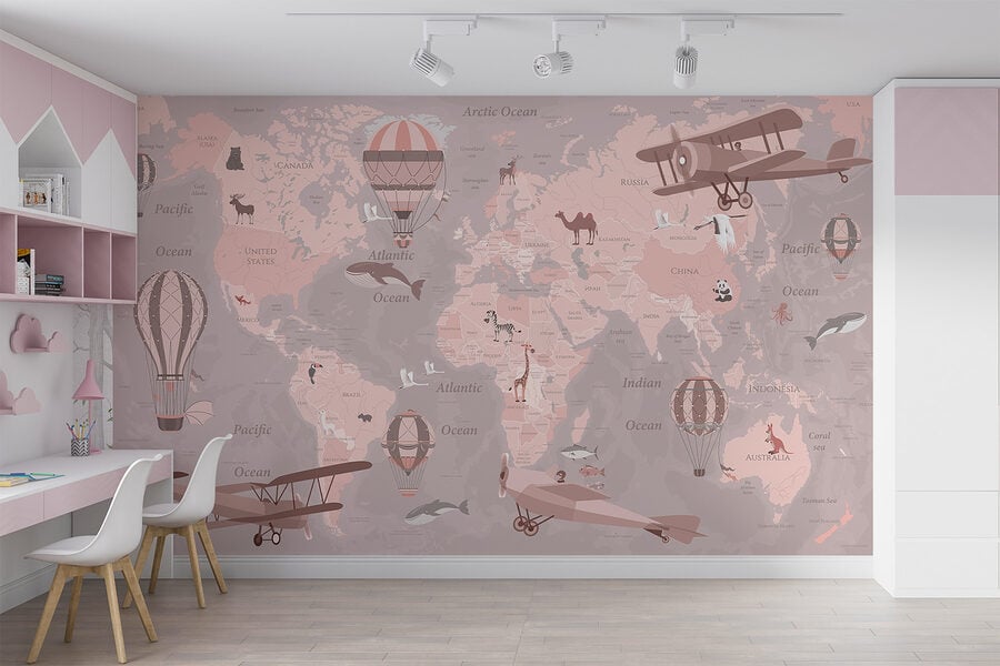Um mapa do mundo com aviões e balões de ar quente