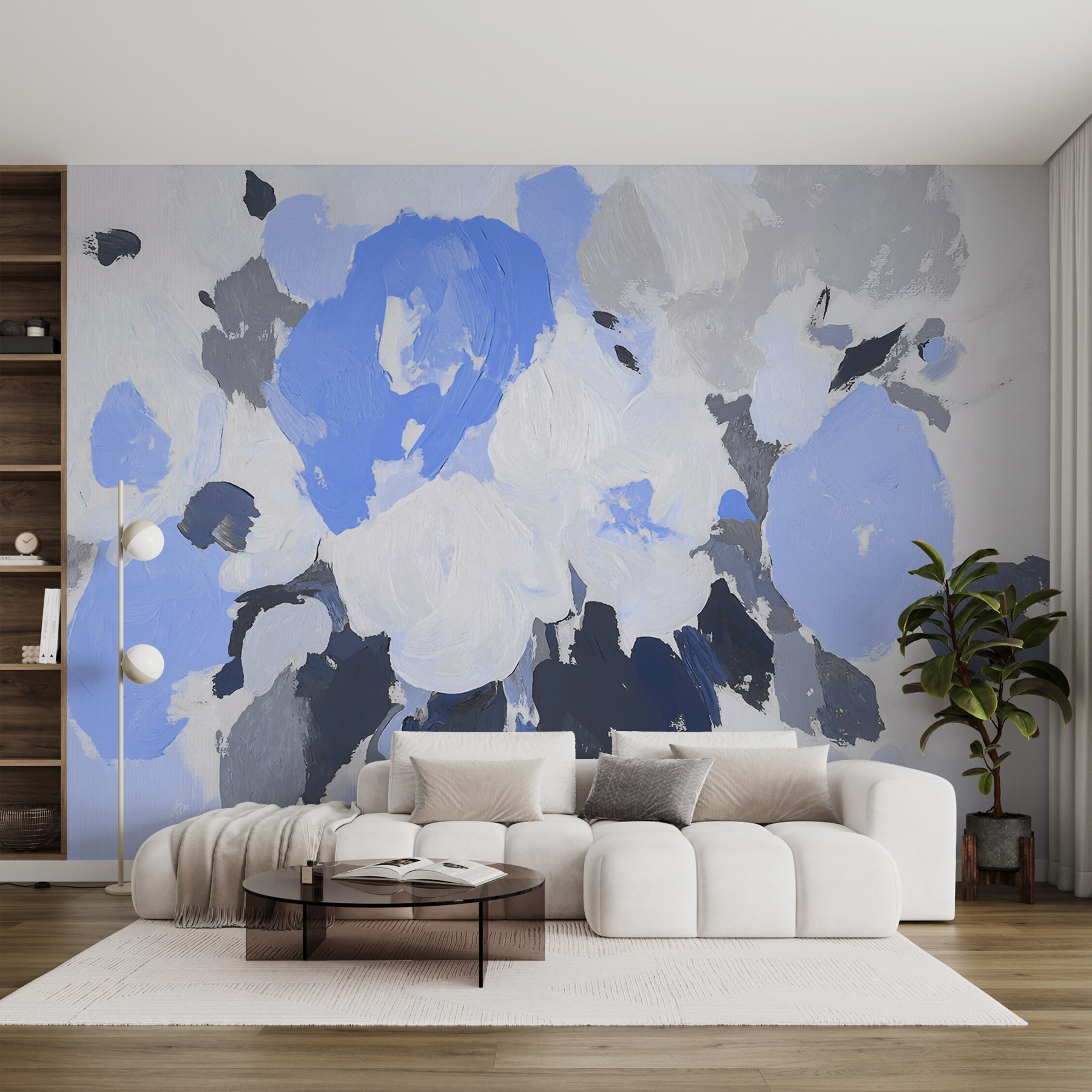 Pintura de flores em azul e cinzento